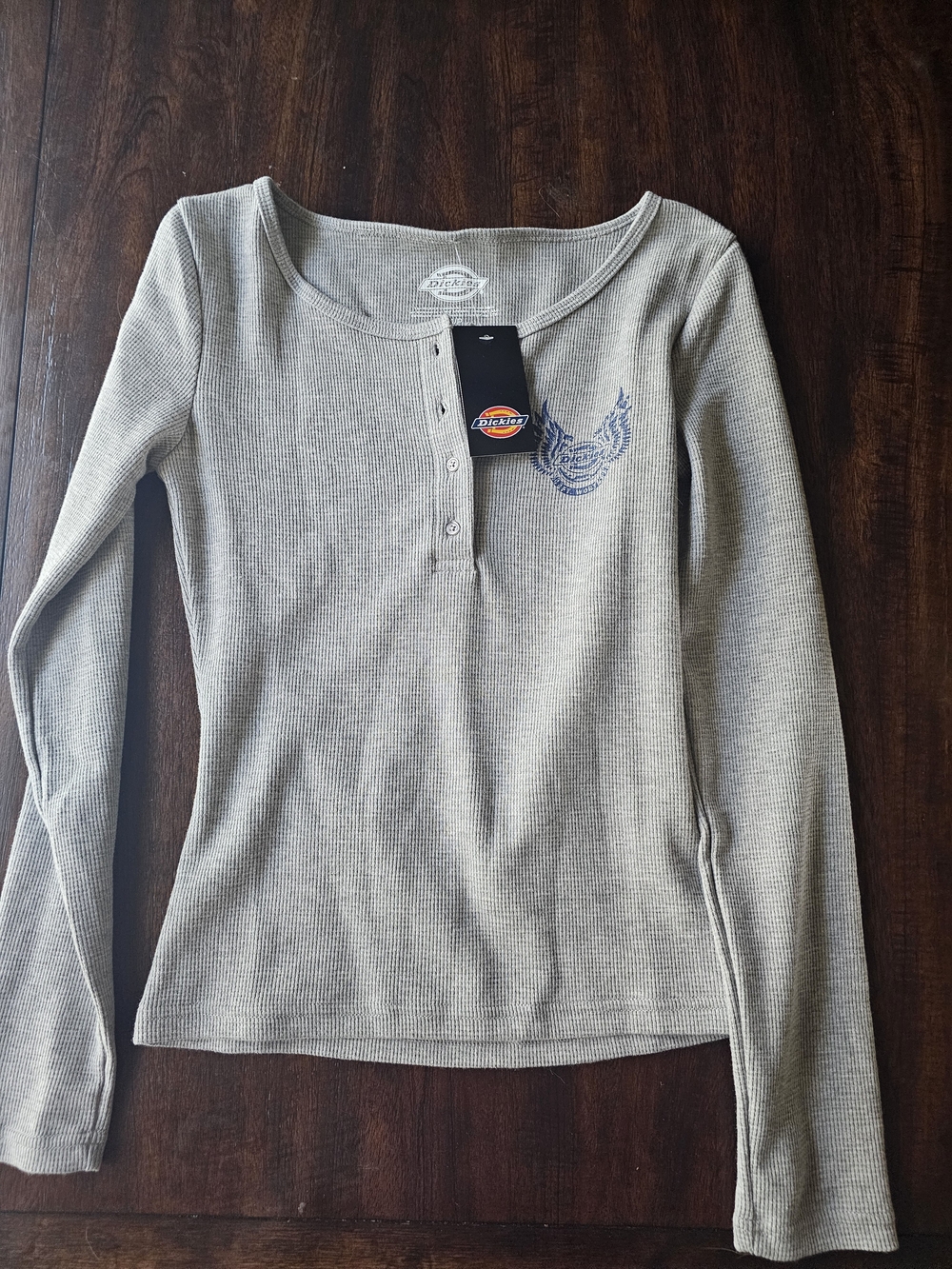 Dickies Women's Long-Sleeve Henley in Heather Gray with Blue Logo